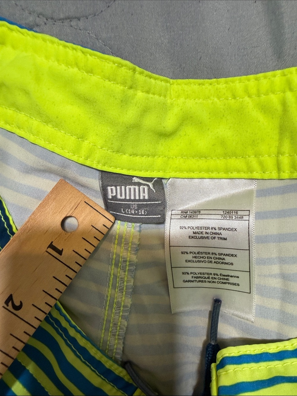 Puma Neon Yellow and Navy Striped Swim Shorts size L/14-16 - Picture 9 of 11